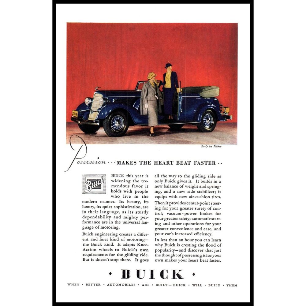 1934 Buick Convertible Coupe Antique Car Vintage Print Ad Body by Fisher Photo